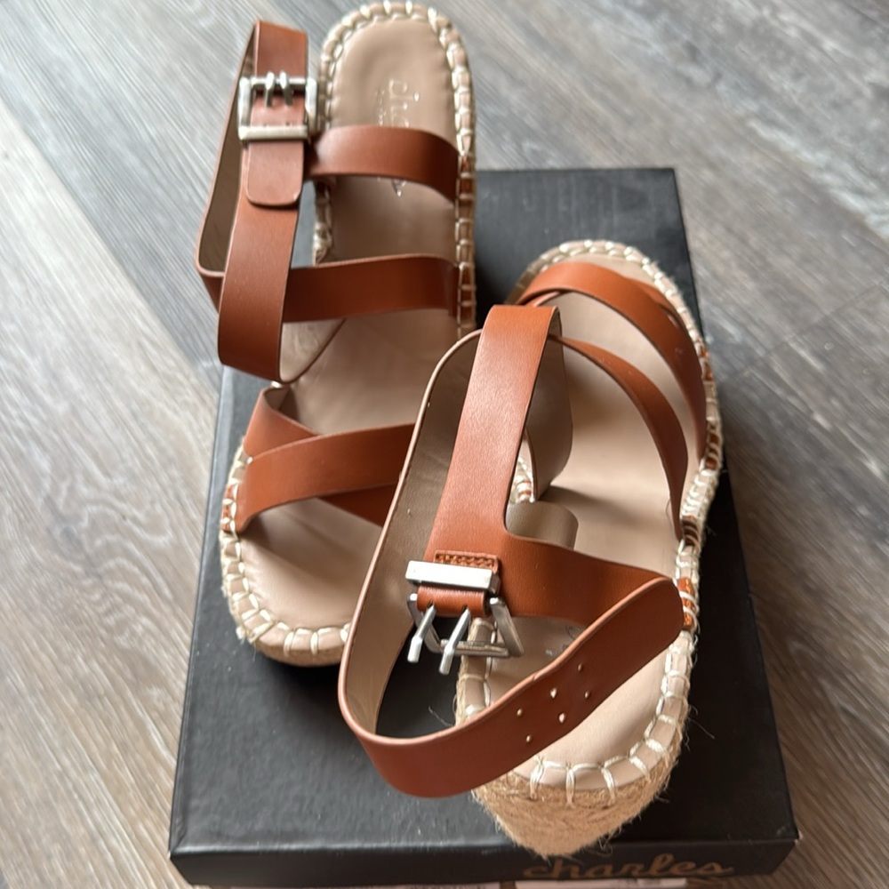 NIB Charles David Brown Tan Wedge Straw Strappy Espadrille Sandals 9.5 - Picture 5 of 7